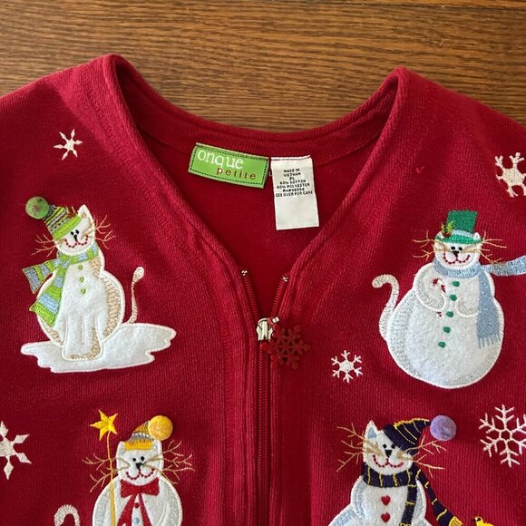 Vintage 80s Christmas CAT Full Zip Embroidered Sweater Size Petite Large Snowman - Picture 7 of 12